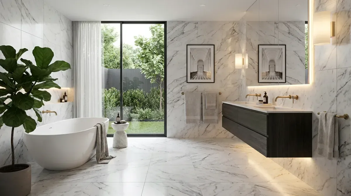 AI-designed modern bathroom with freestanding bathtub and marble tiles