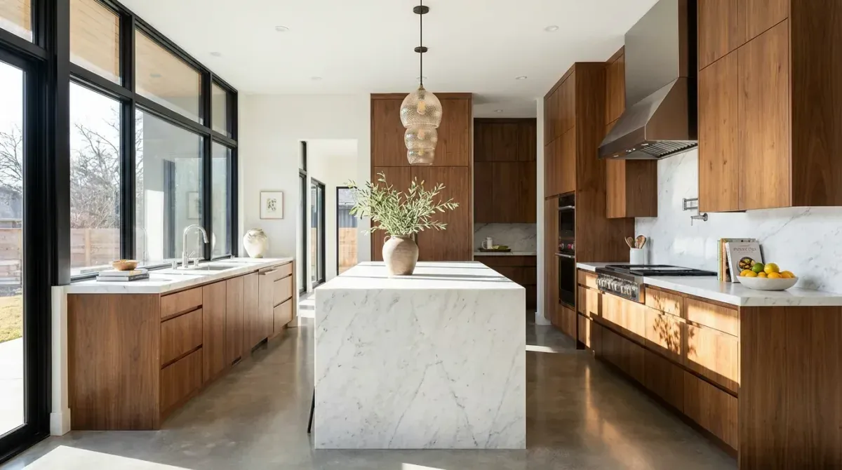 AI-redesigned modern kitchen with marble countertops and pendant lighting