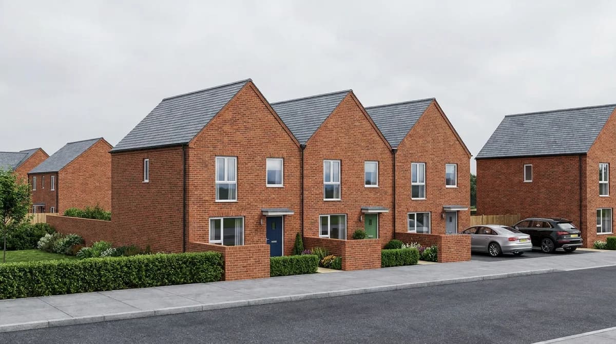 The same terrace as a photoreal CGI with red brick, slate roofs, timber doors, pavement and parked cars
