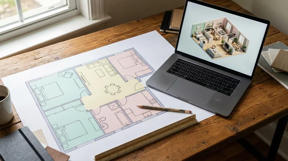 Plano renderizado: 2D, 3D y vista de casa de muñecas amueblada