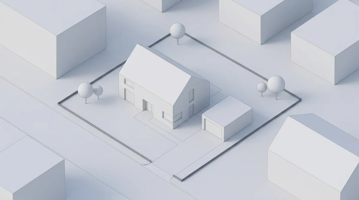 White clay-style site render of a house, garage, driveway, boundary line, and tree symbols seen from above