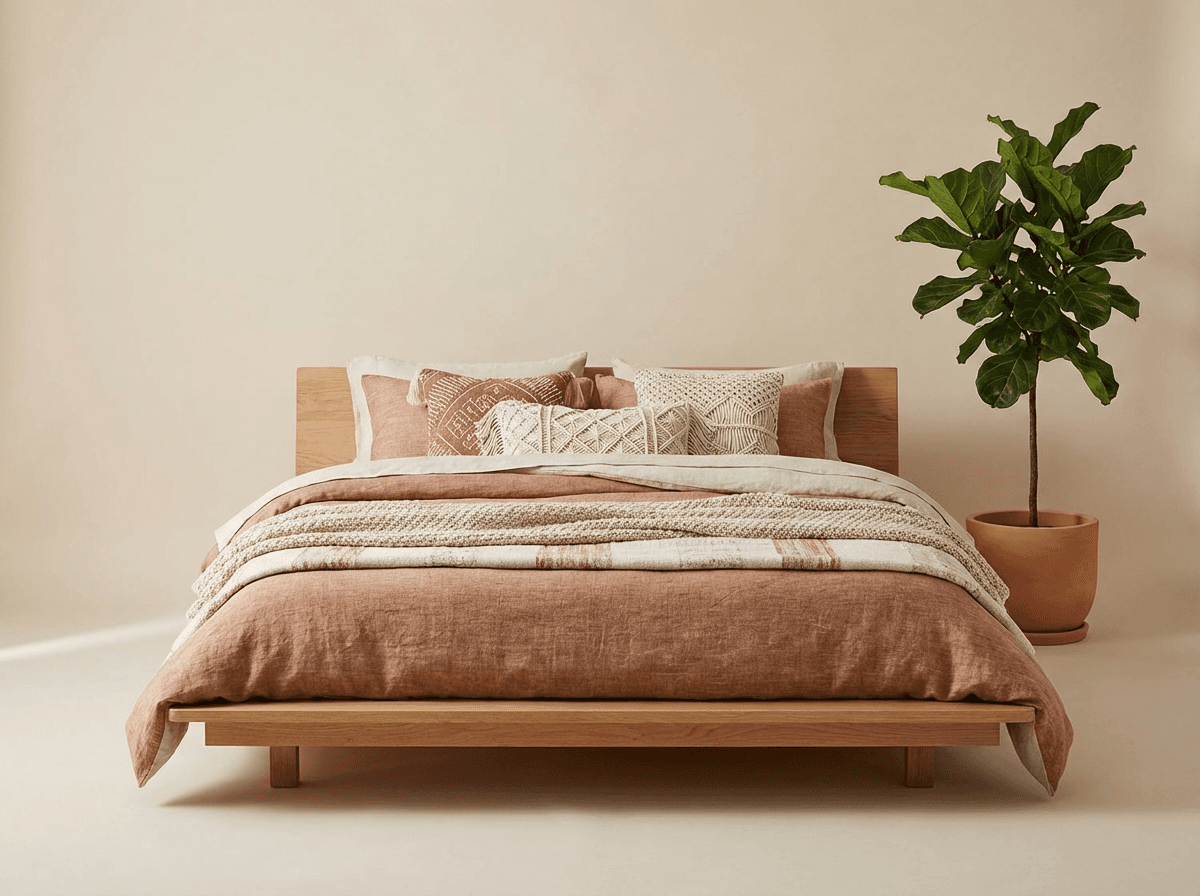 Low wooden platform bed