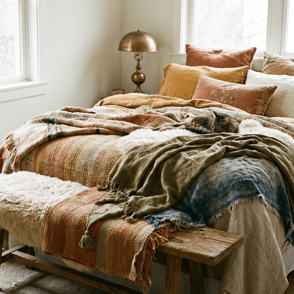 Layer textiles with abandon — but within a palette
