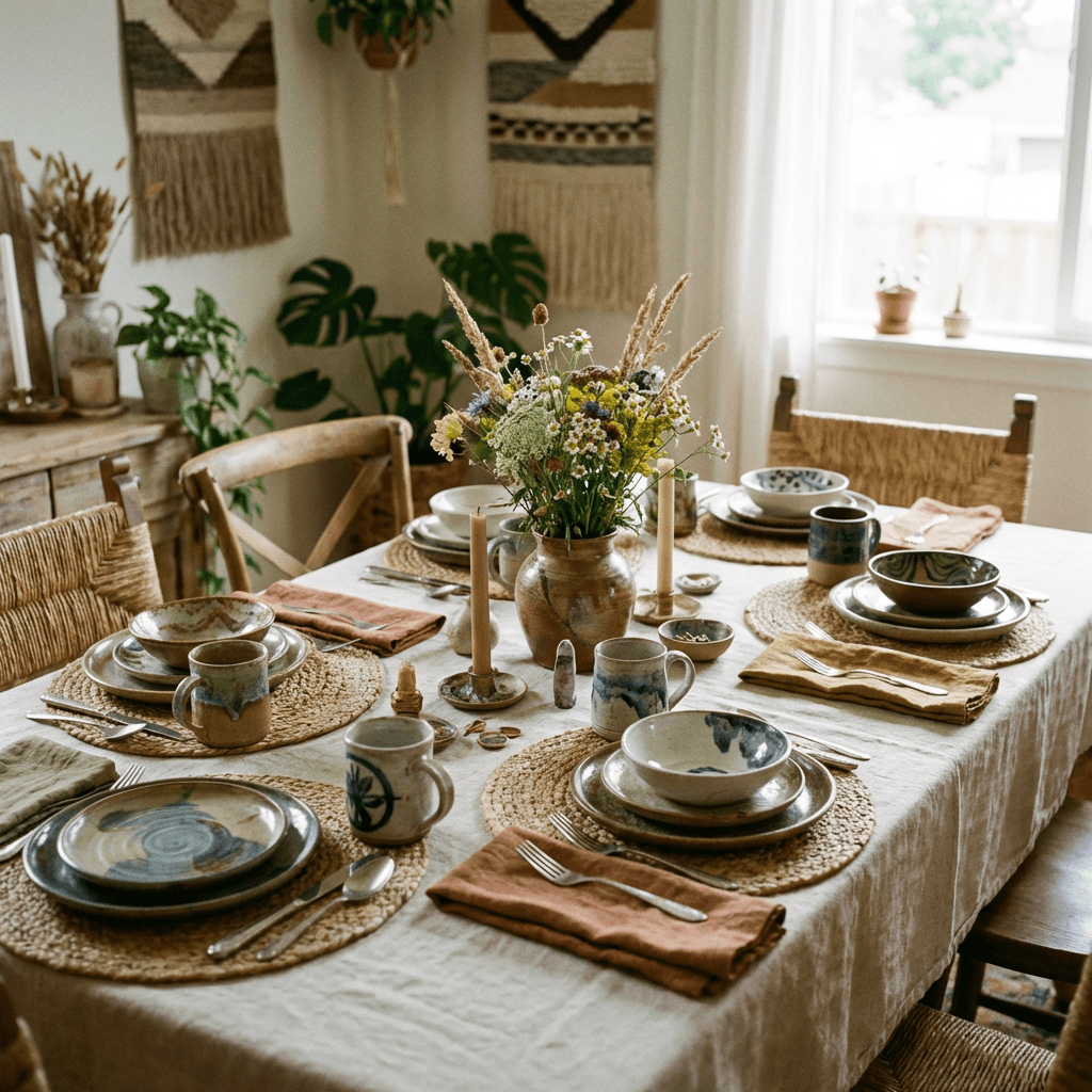 Set the table with mismatched artisan tableware