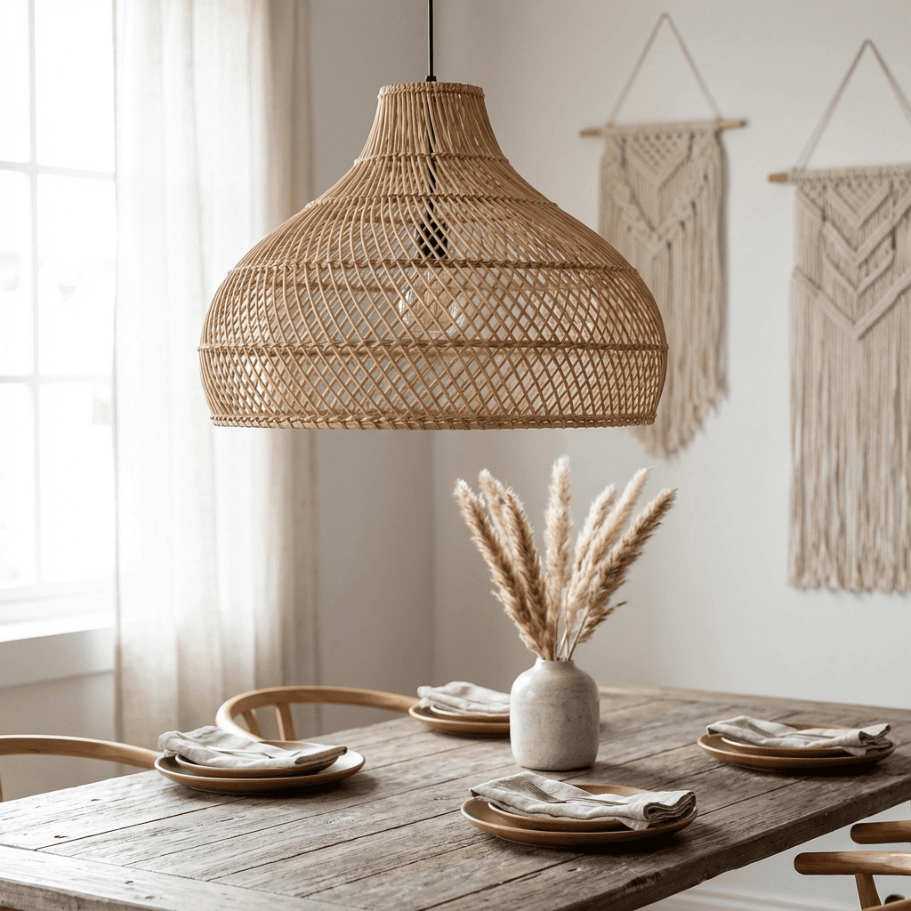 Hang a woven or rattan chandelier as the centerpiece