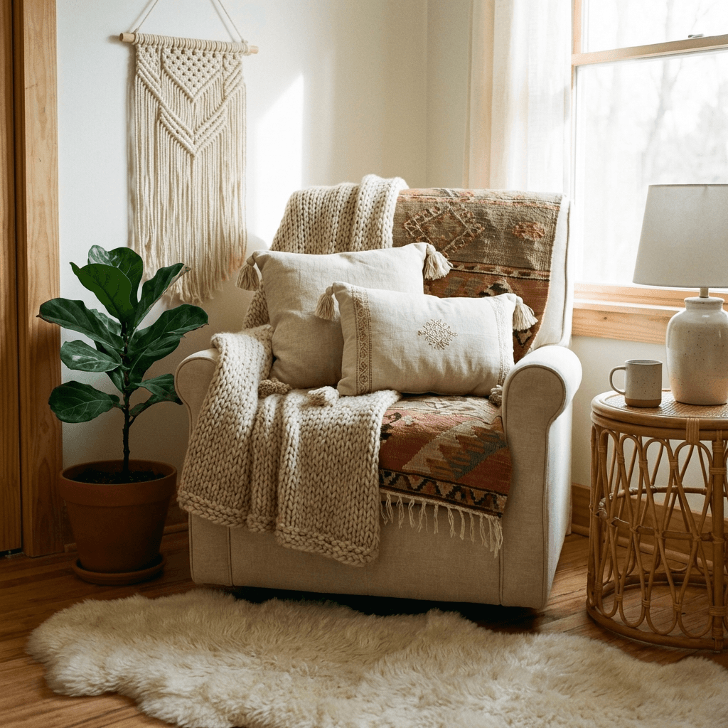 Create a cozy nursing nook with layered textiles