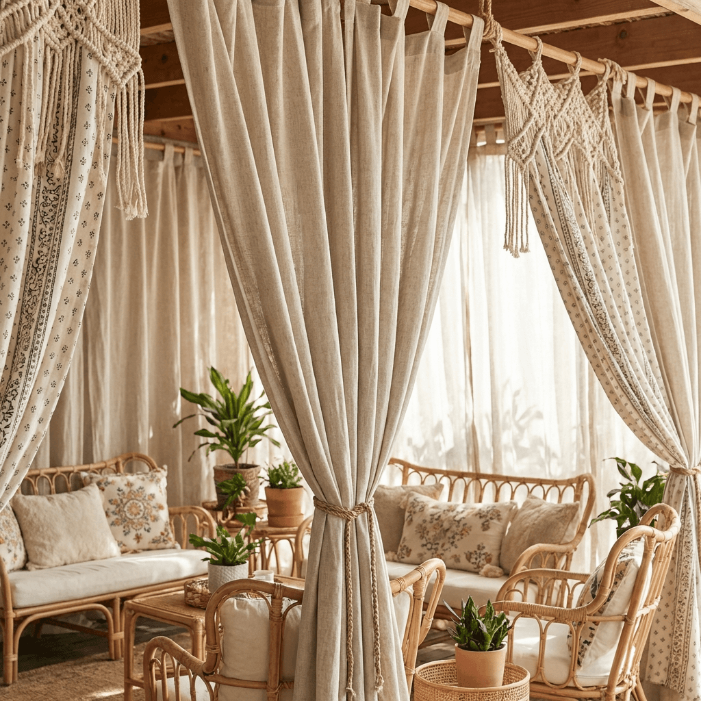 Drape outdoor curtains or fabric for shade and ambiance