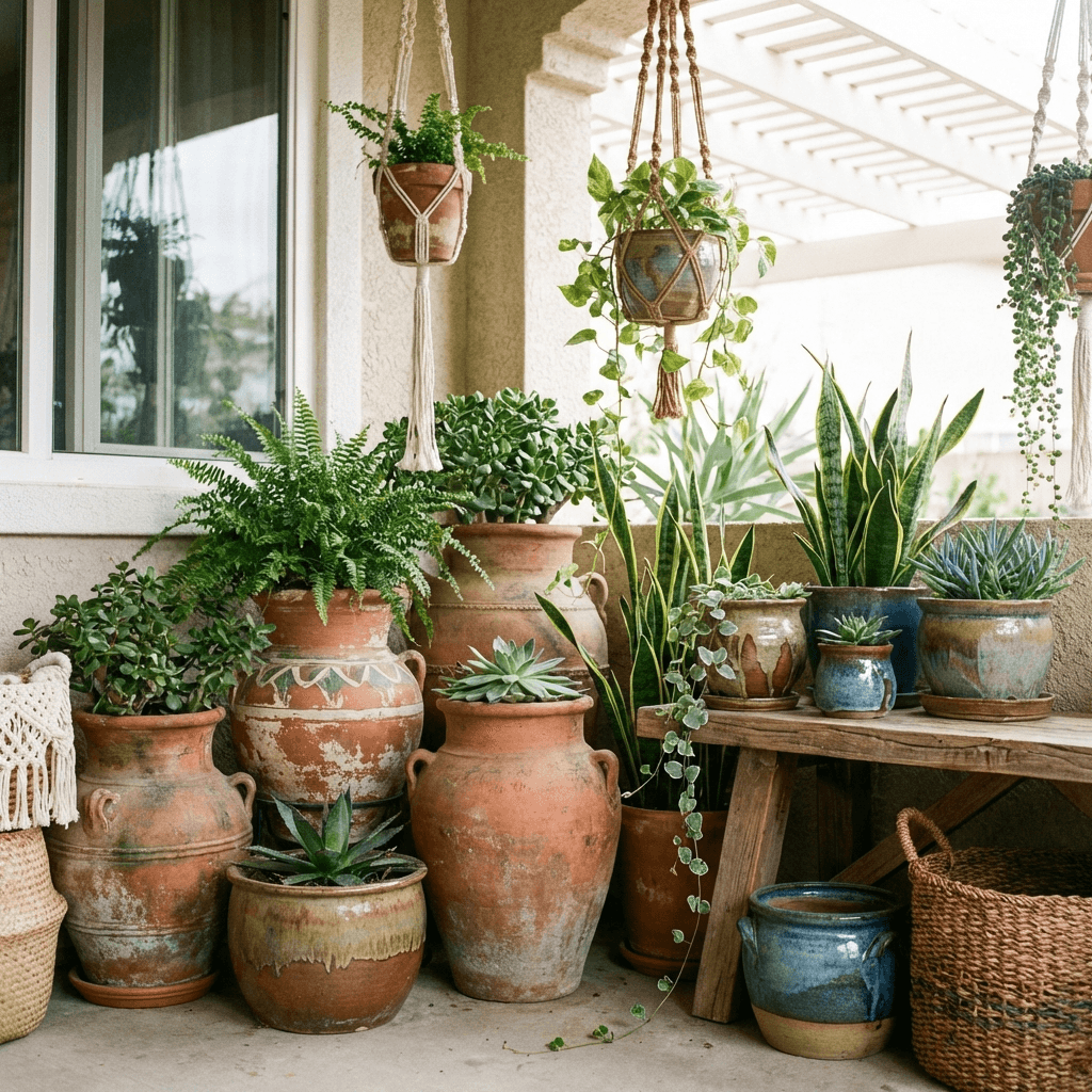 Use terracotta and ceramic pots in clusters for planting