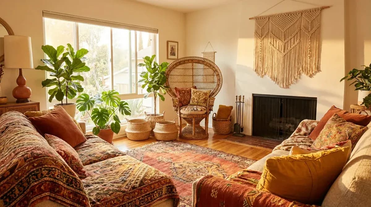 Before and after AI bohemian interior design transformation