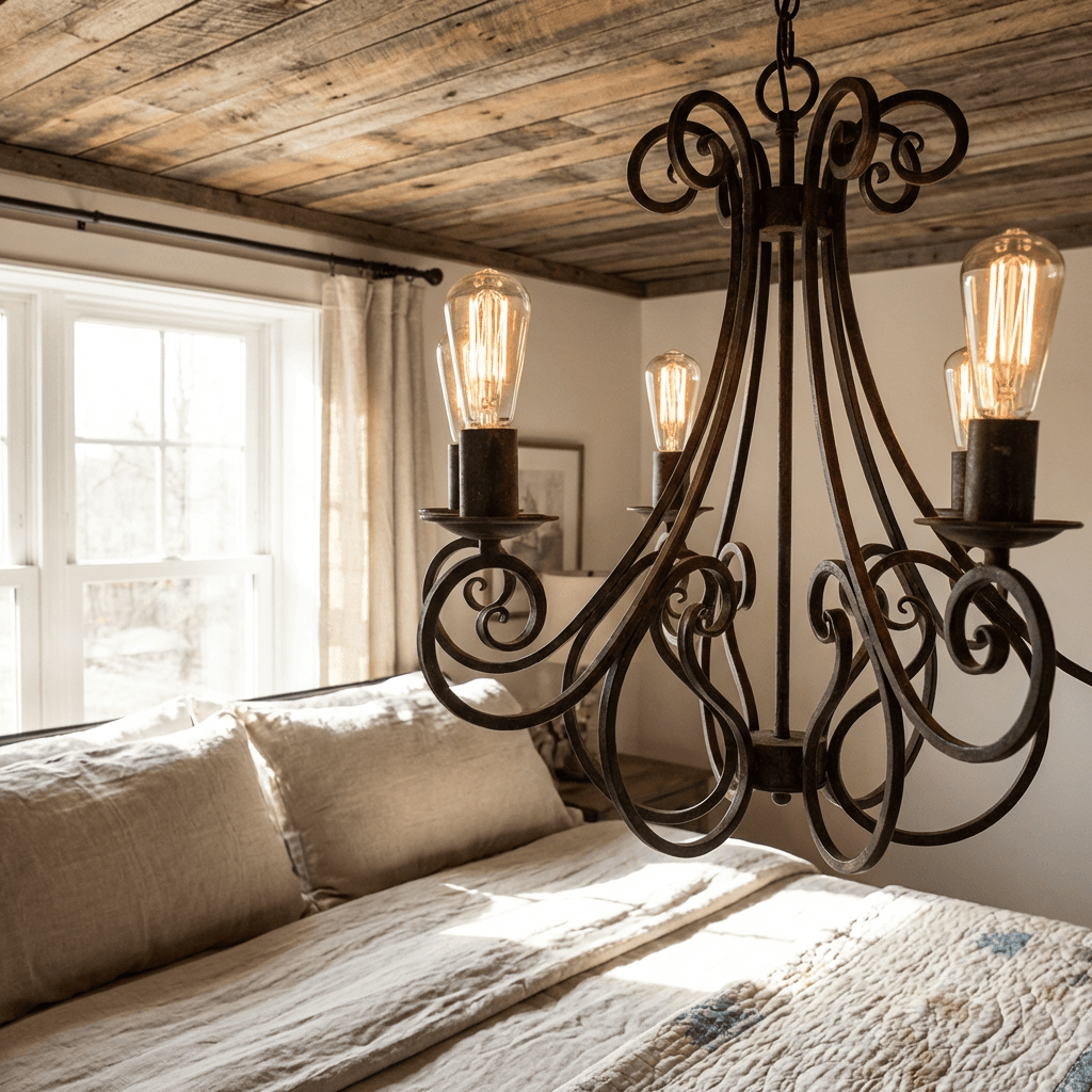 Install a vintage-style ceiling fan or wrought-iron light fixture