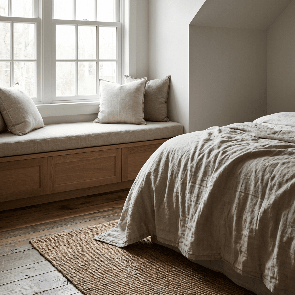 Add a window seat or bench at the foot of the bed