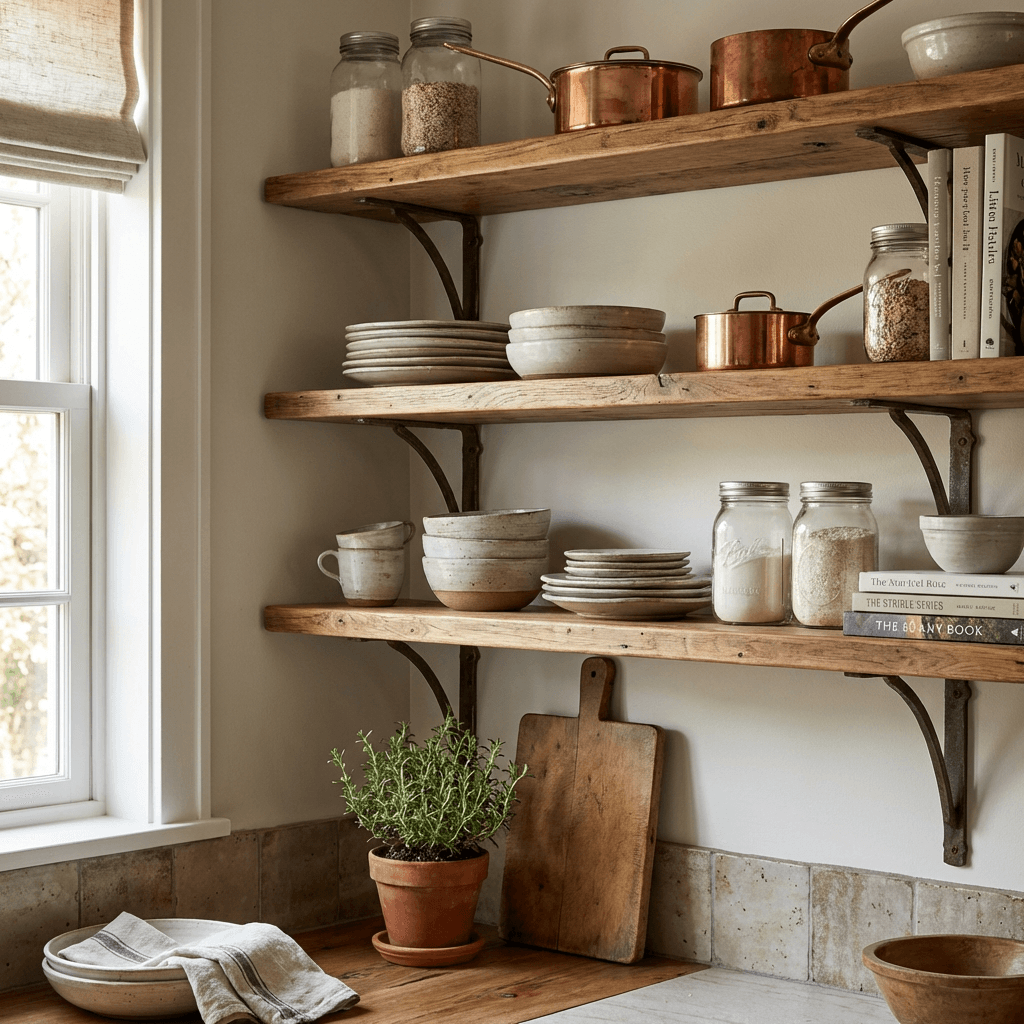 Add open shelving in natural wood
