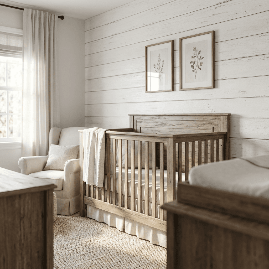 Add a shiplap or beadboard accent wall behind the crib
