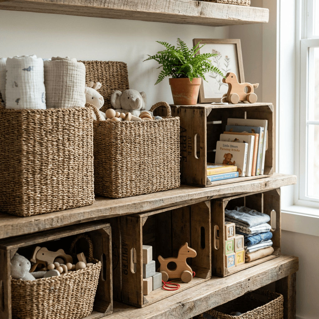 Use woven baskets and wooden crates for open storage