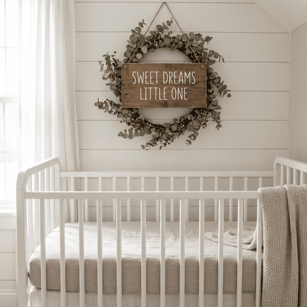 Hang a simple wreath or wooden sign above the crib
