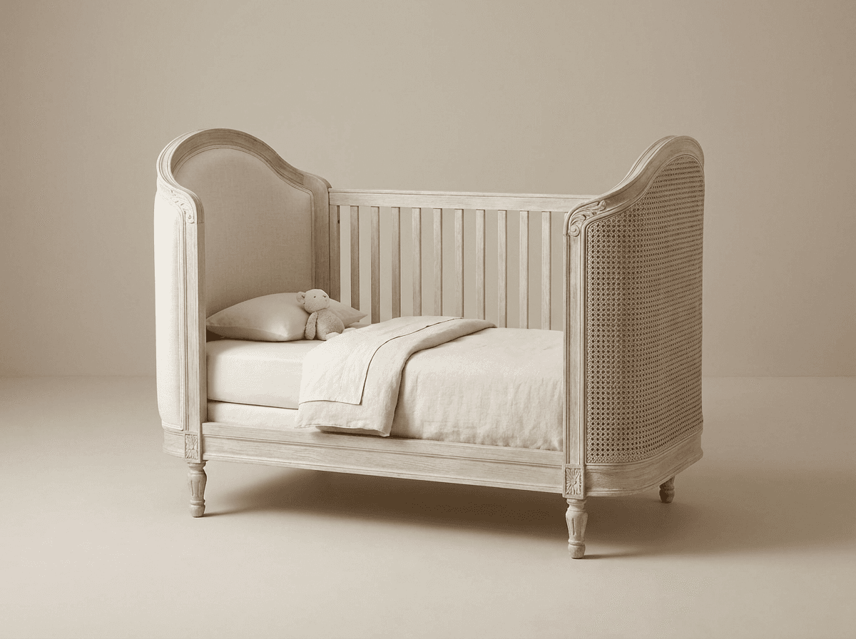 French convertible crib with bowed headboard
