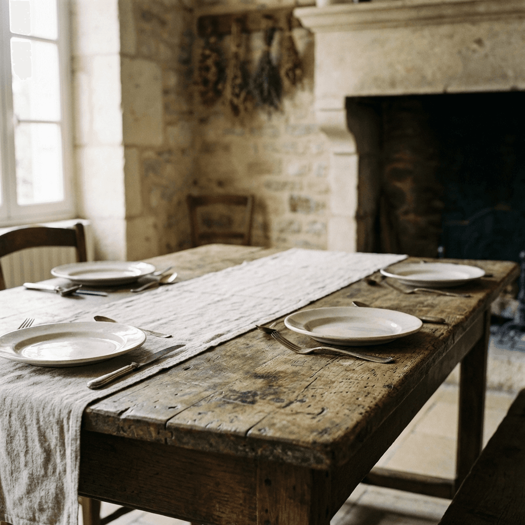 Choose a farmhouse table with visible character and patina