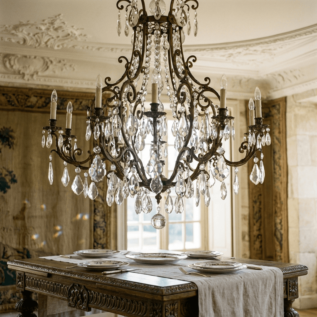 Install a crystal or iron chandelier as the overhead jewel