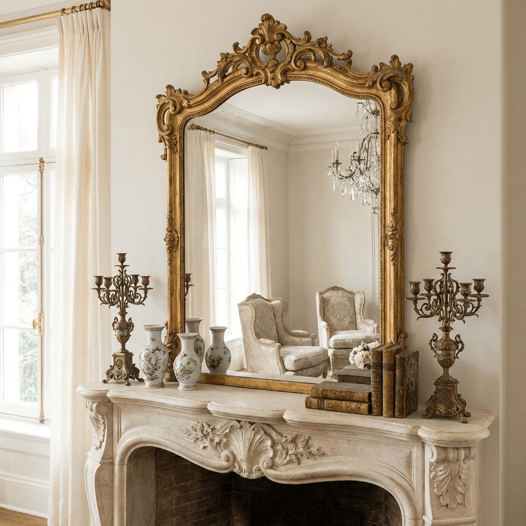 Anchor the room with a large, ornate mirror above the mantel