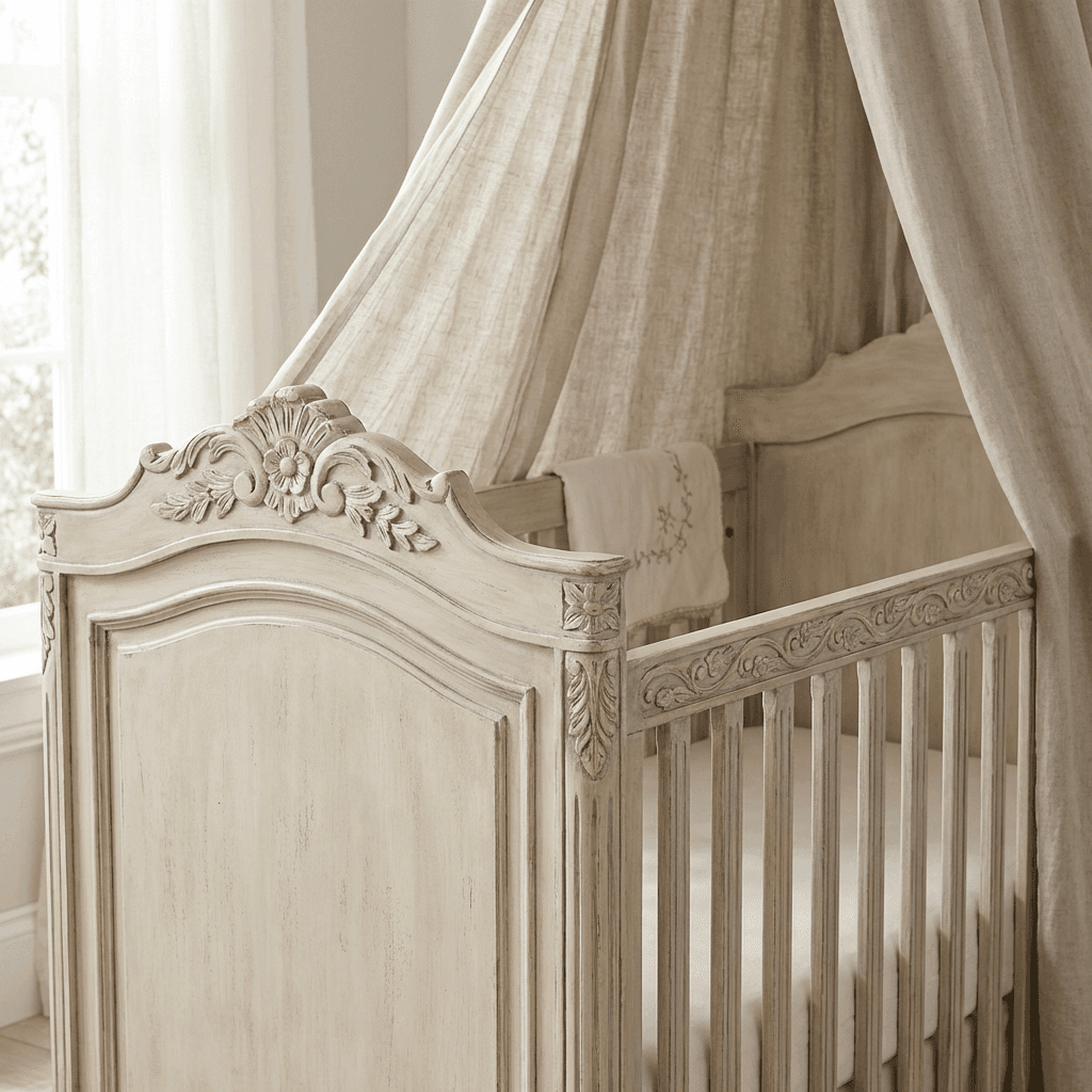 Select a crib with carved detail and a painted or limed finish