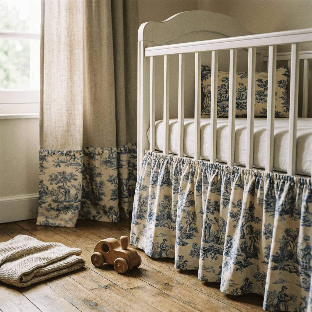 Use toile de Jouy fabric for an accent pillow, curtain, or crib skirt