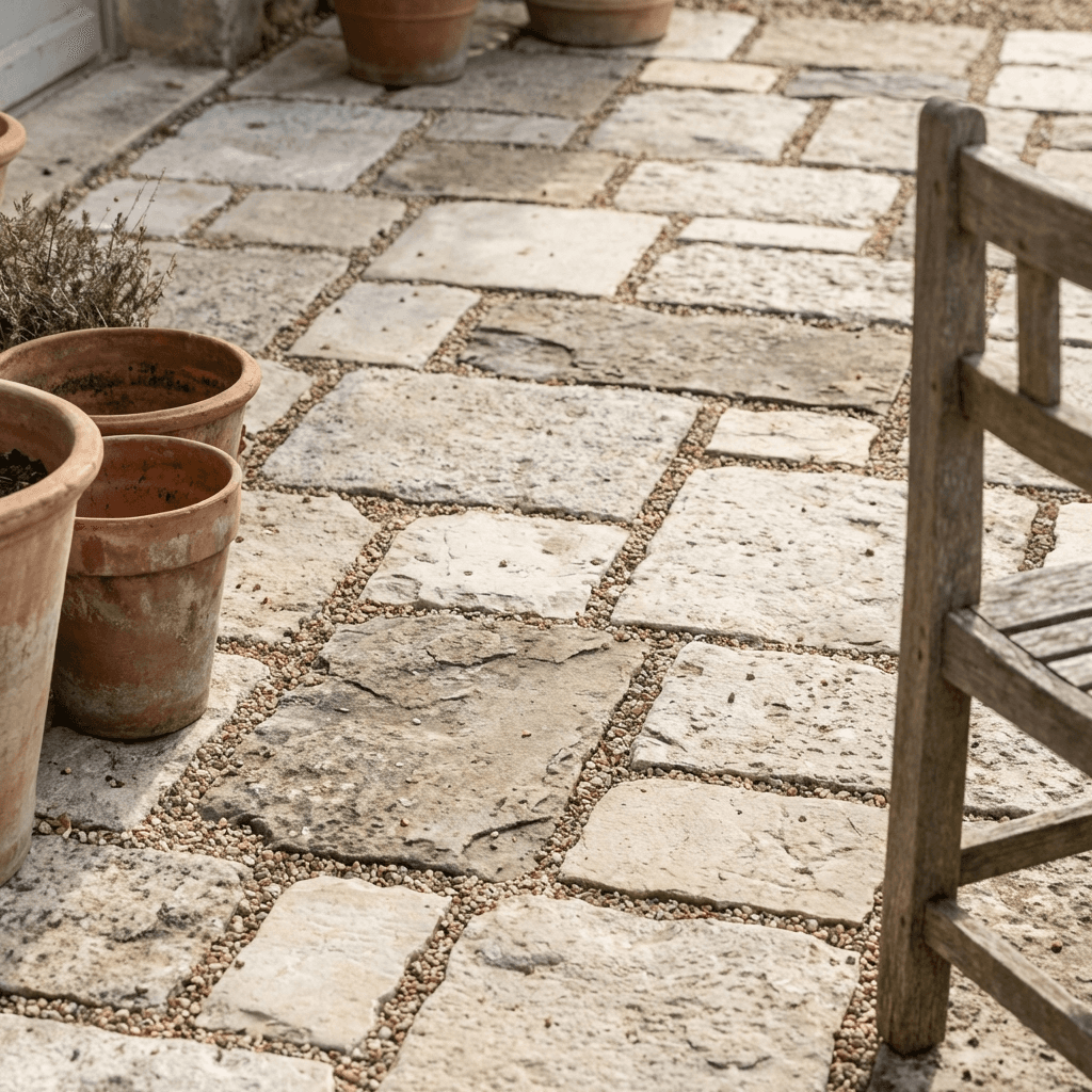 Use natural limestone, gravel, or aged stone for the patio surface