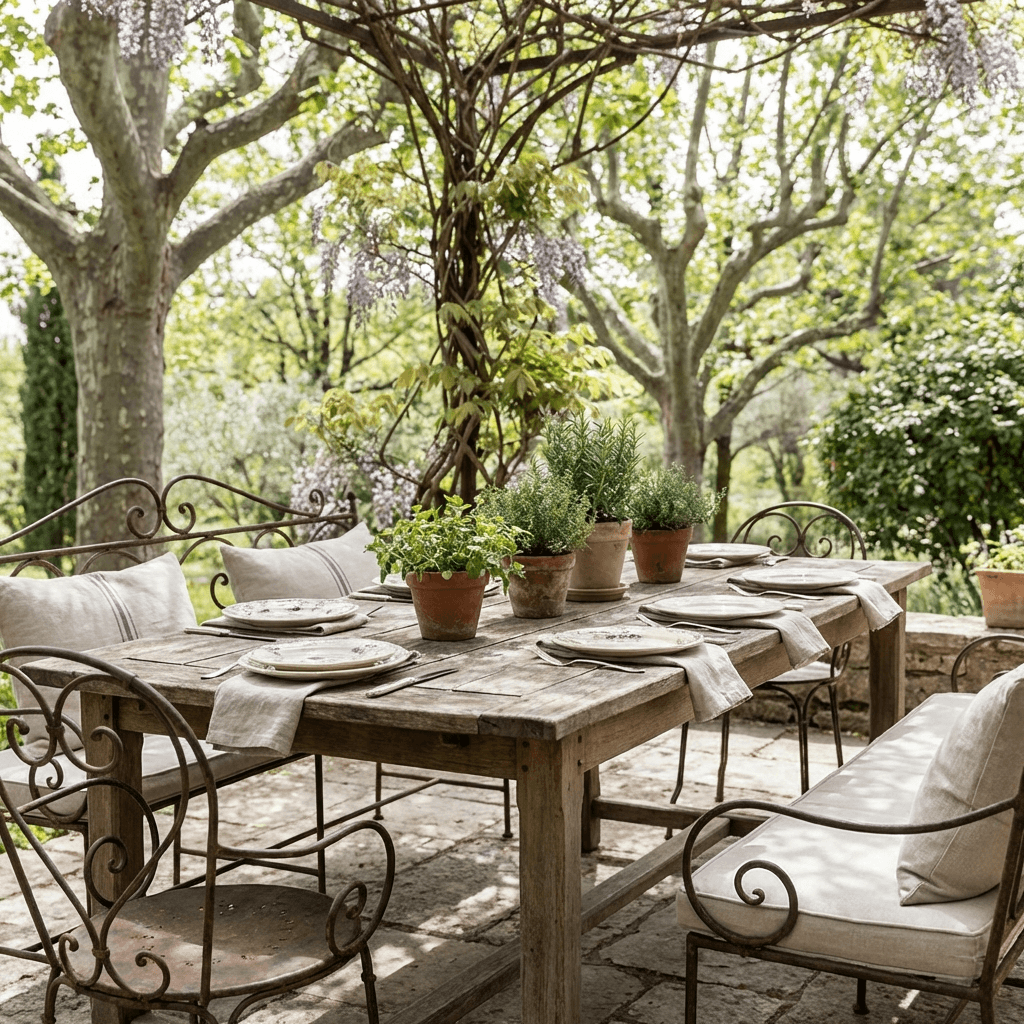 Create an outdoor dining area under a pergola or plane trees