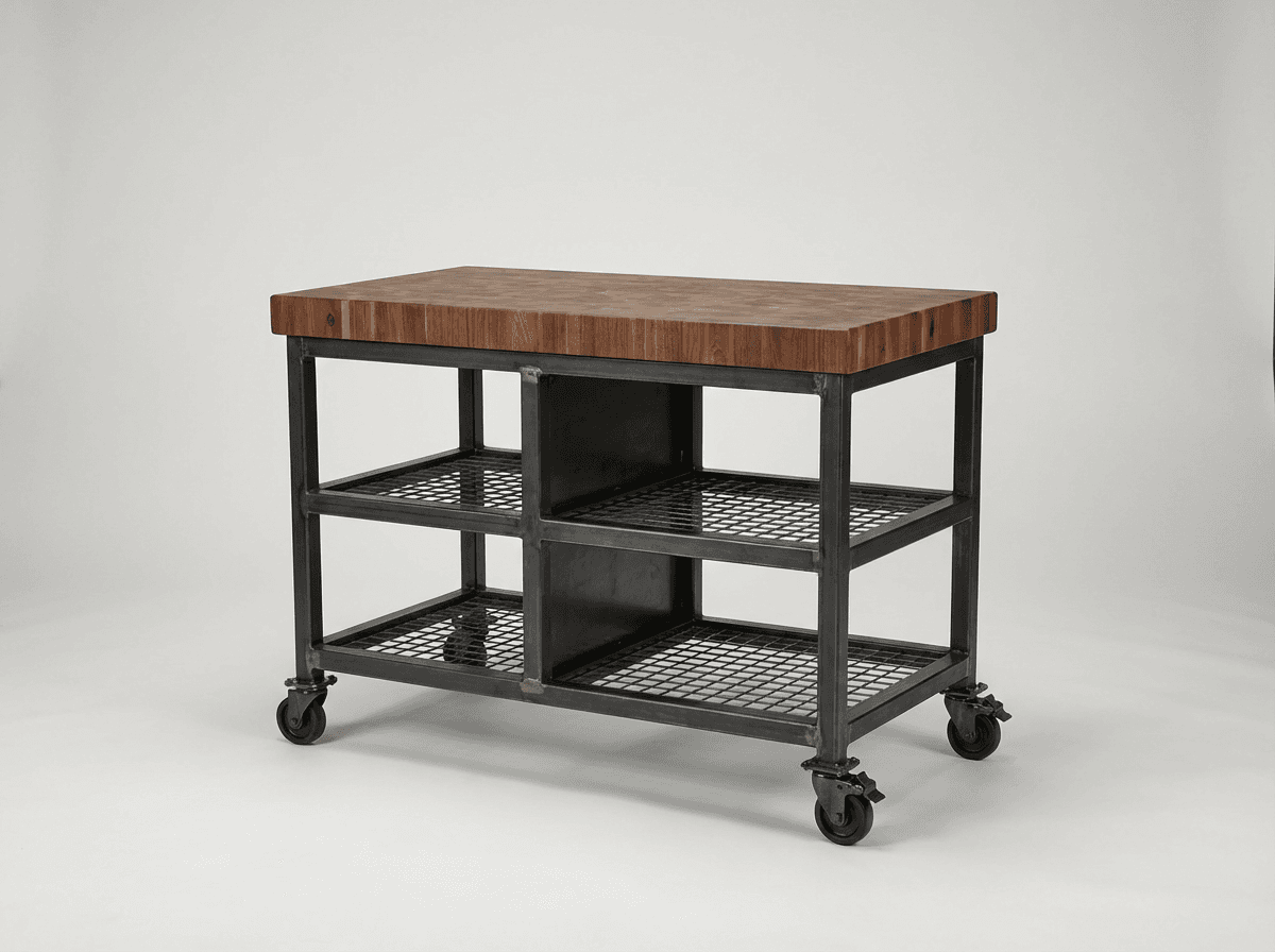 Steel-frame kitchen island with butcher block top