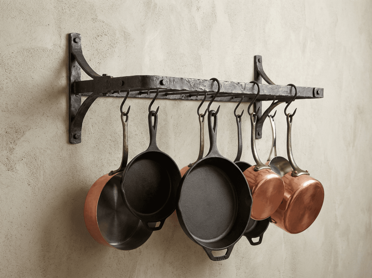 Wall-mounted pot rack in wrought iron