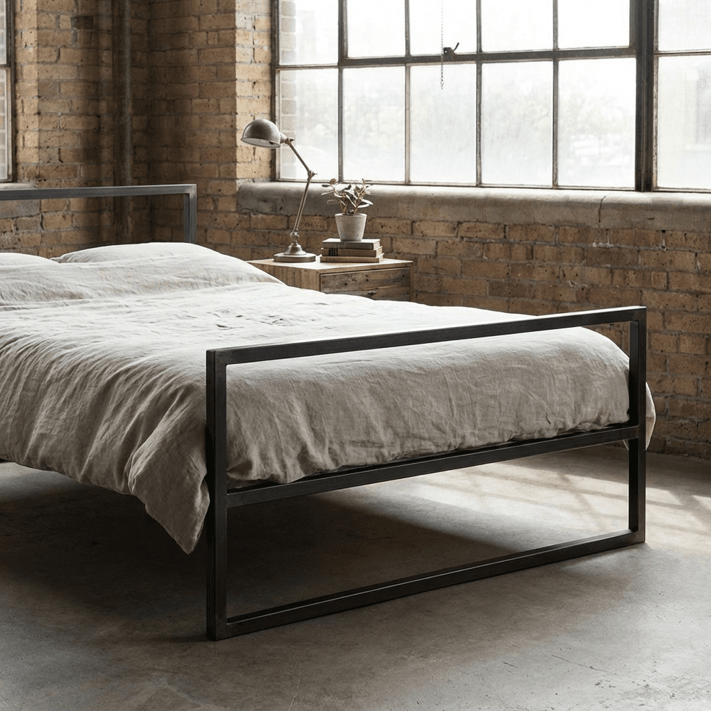 Choose a metal-frame bed with clean geometry