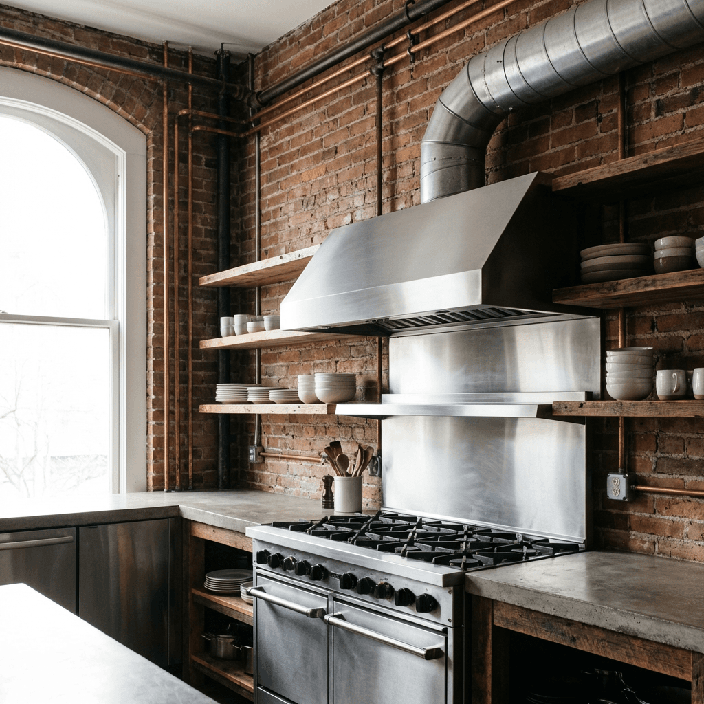Leave plumbing and range hoods exposed