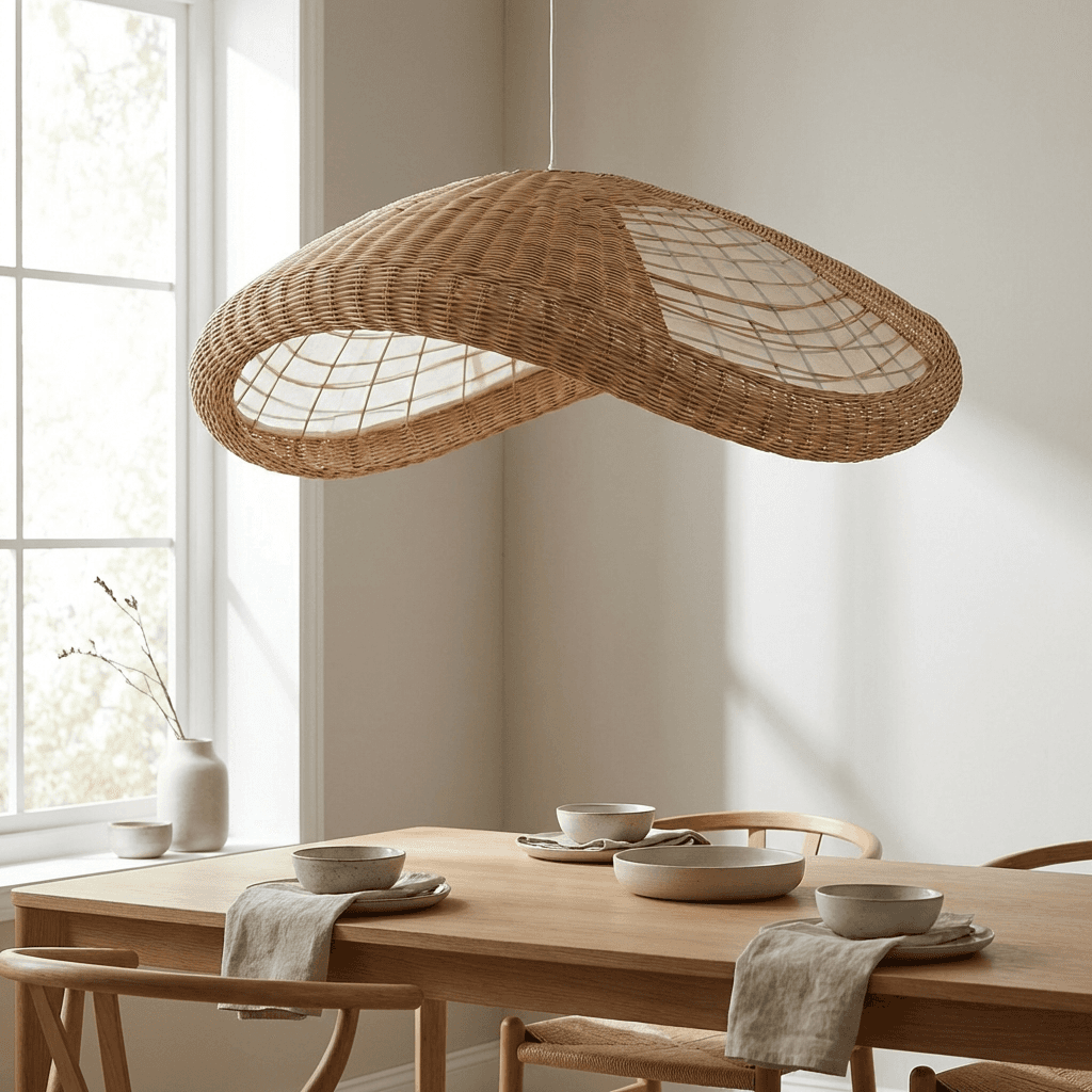 Hang a single sculptural pendant low over the table