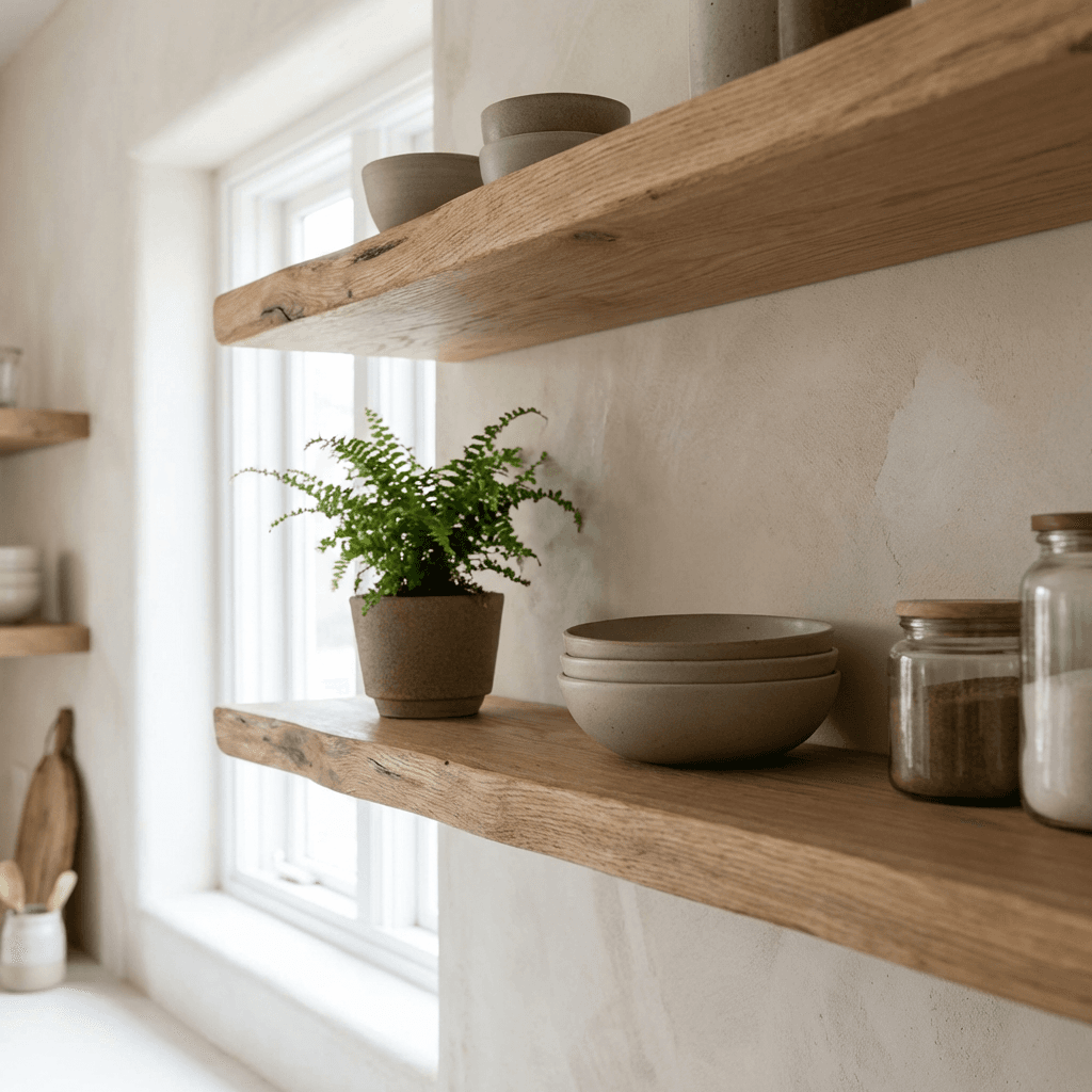 Opt for open shelving in natural wood