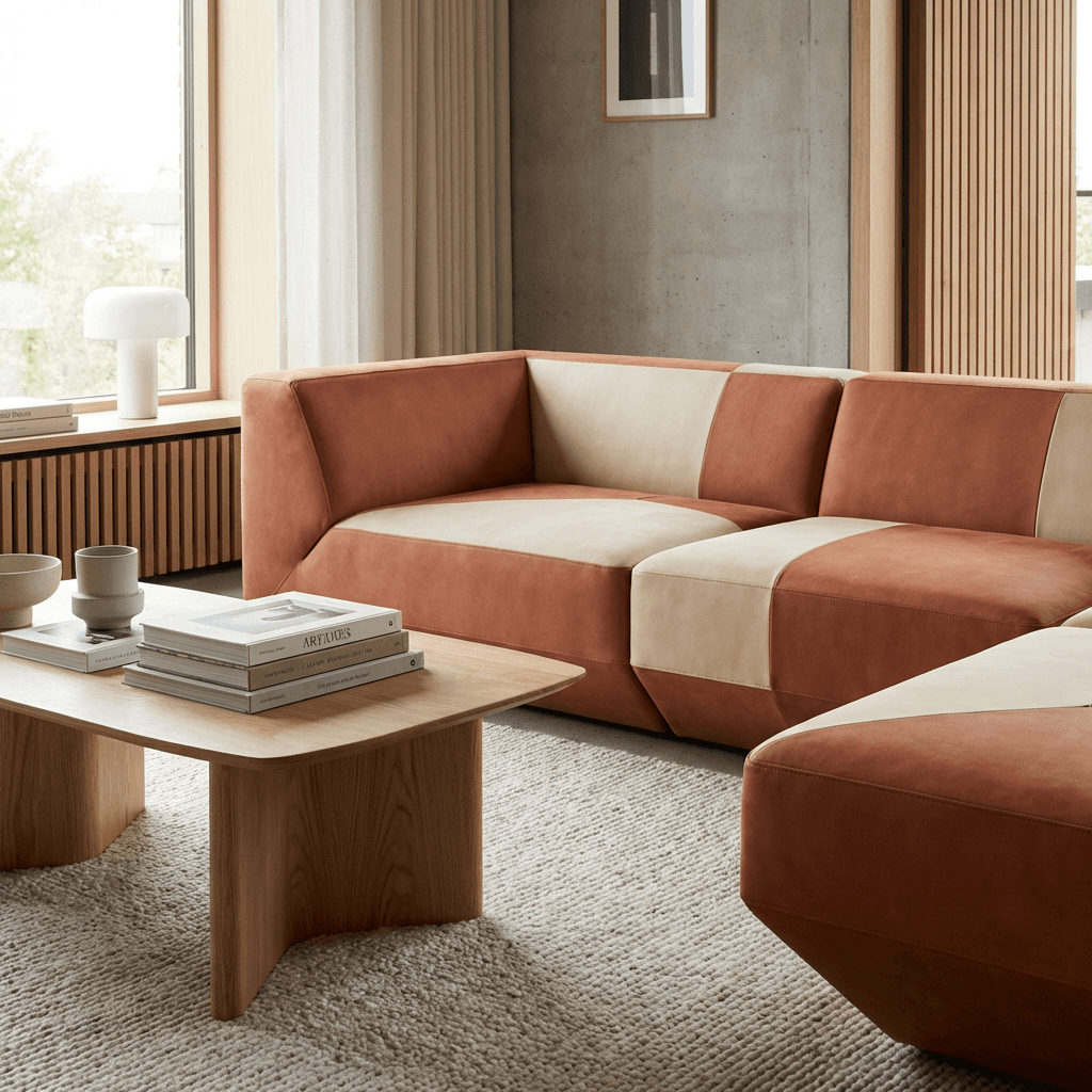 Anchor the room with a low, geometric sofa
