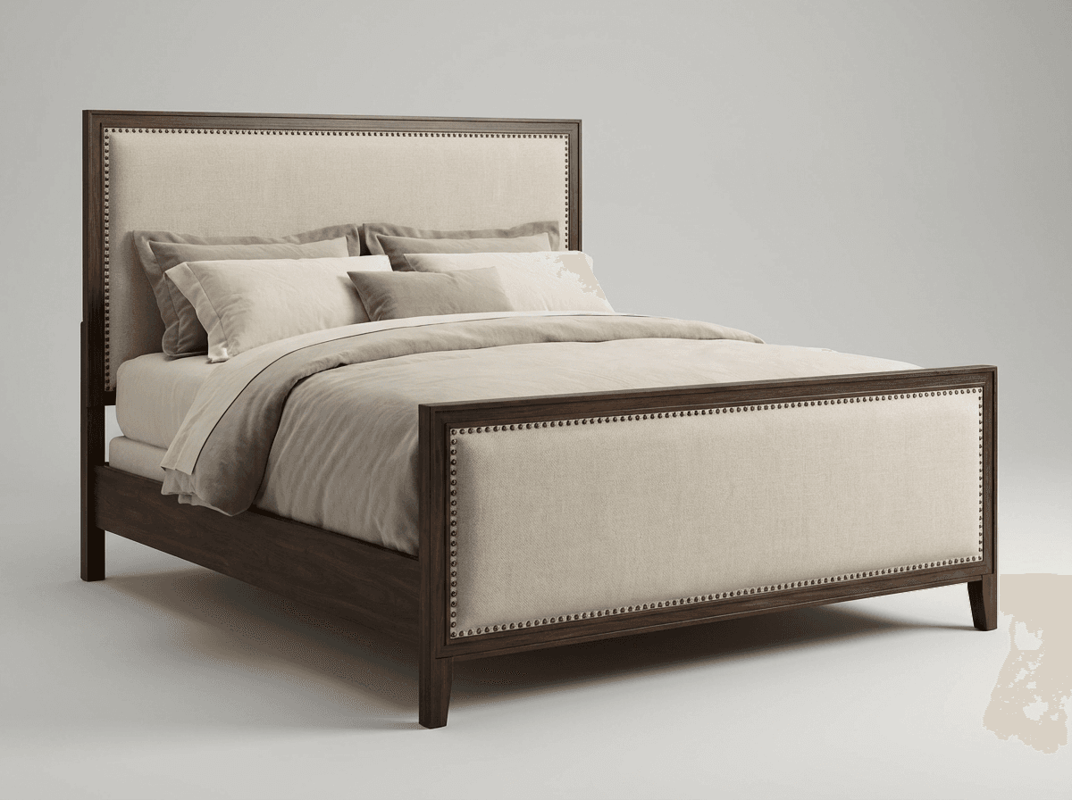 Upholstered panel bed with nailhead trim