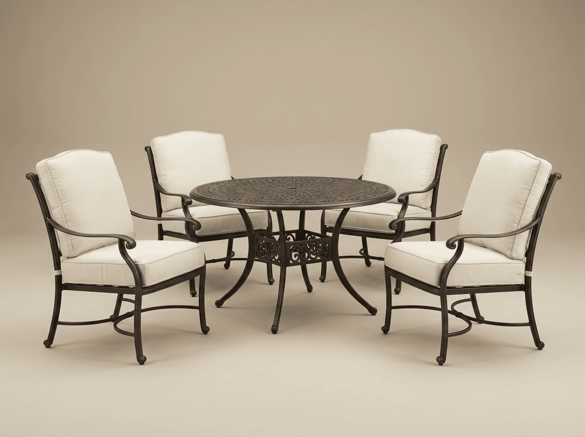 Cast-aluminum dining set with cushioned chairs