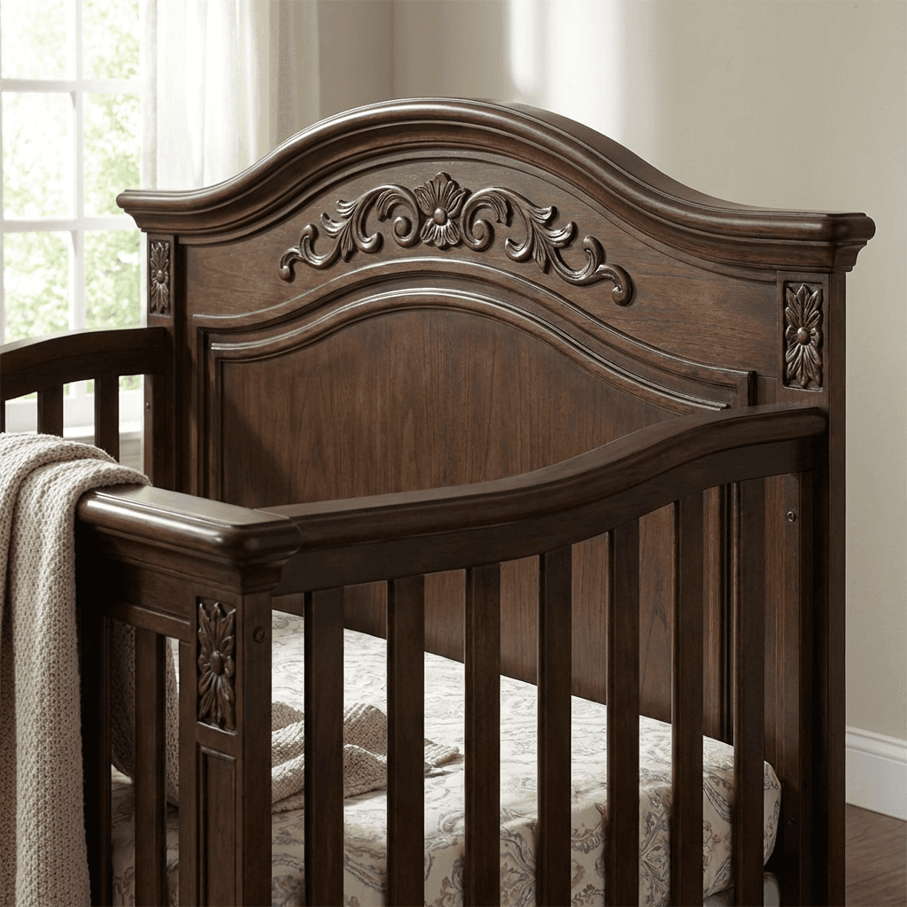 Choose a convertible crib with carved detail and a stained or painted finish