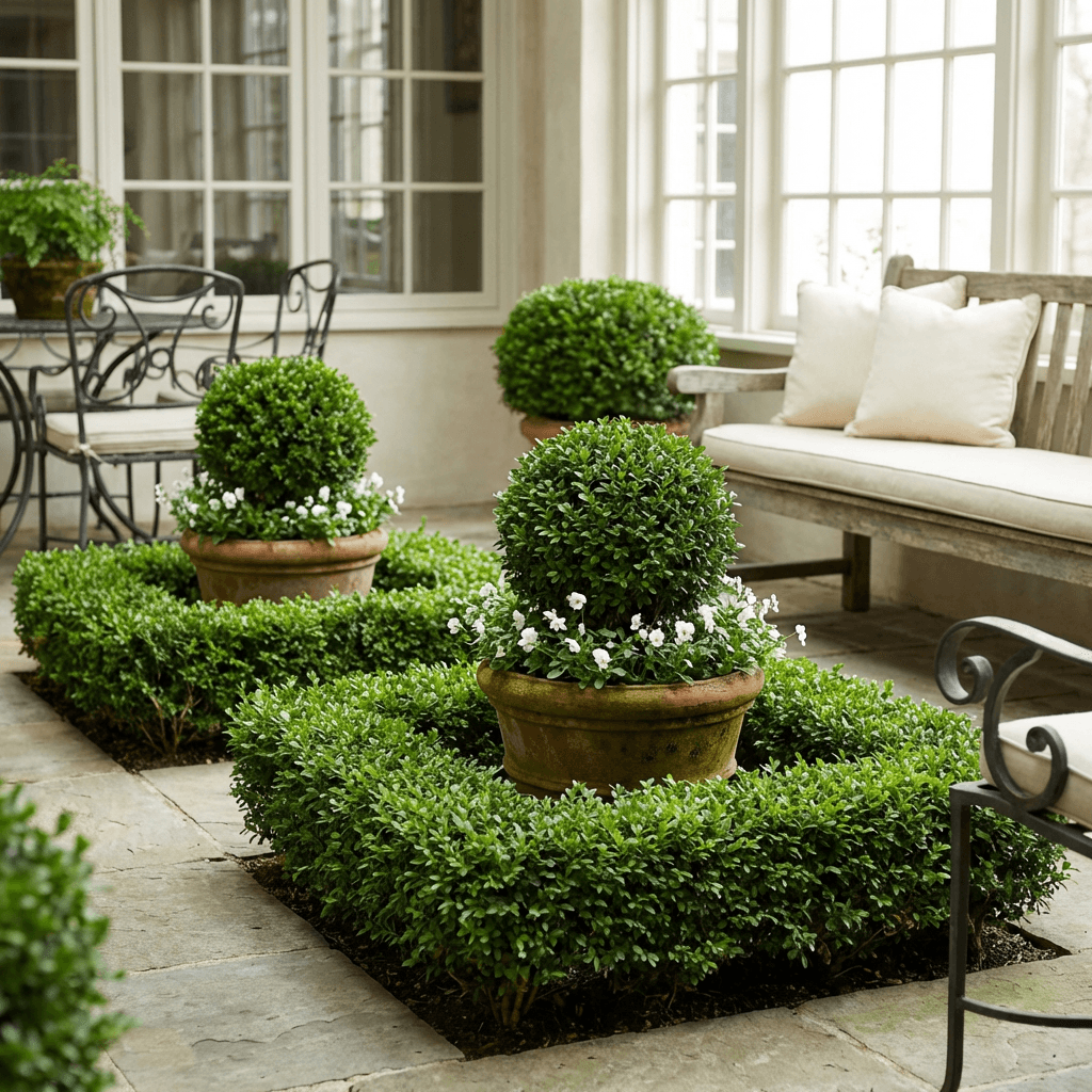 Create structure with boxwood hedging and symmetrical plantings