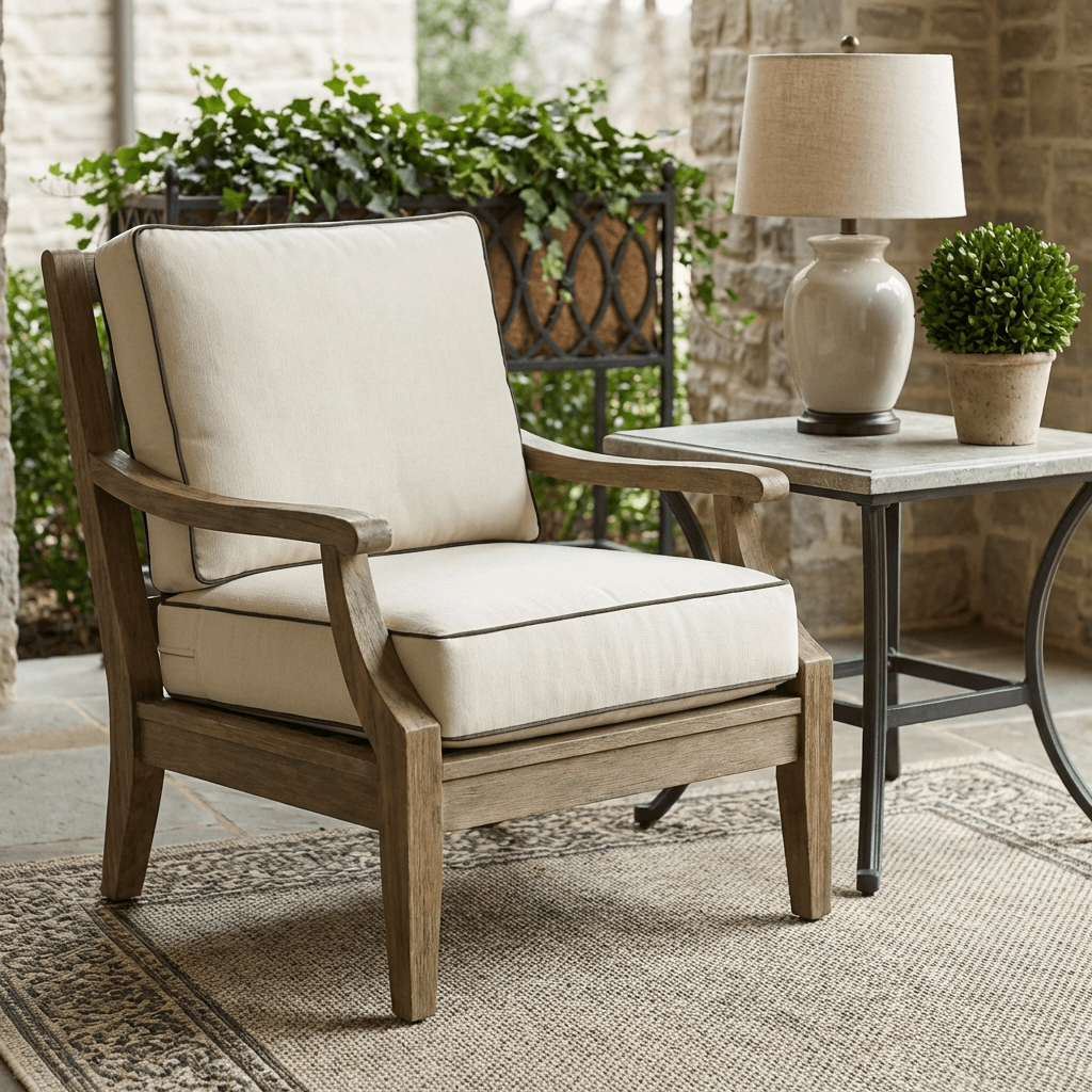 Furnish with weather-resistant pieces that echo indoor formality