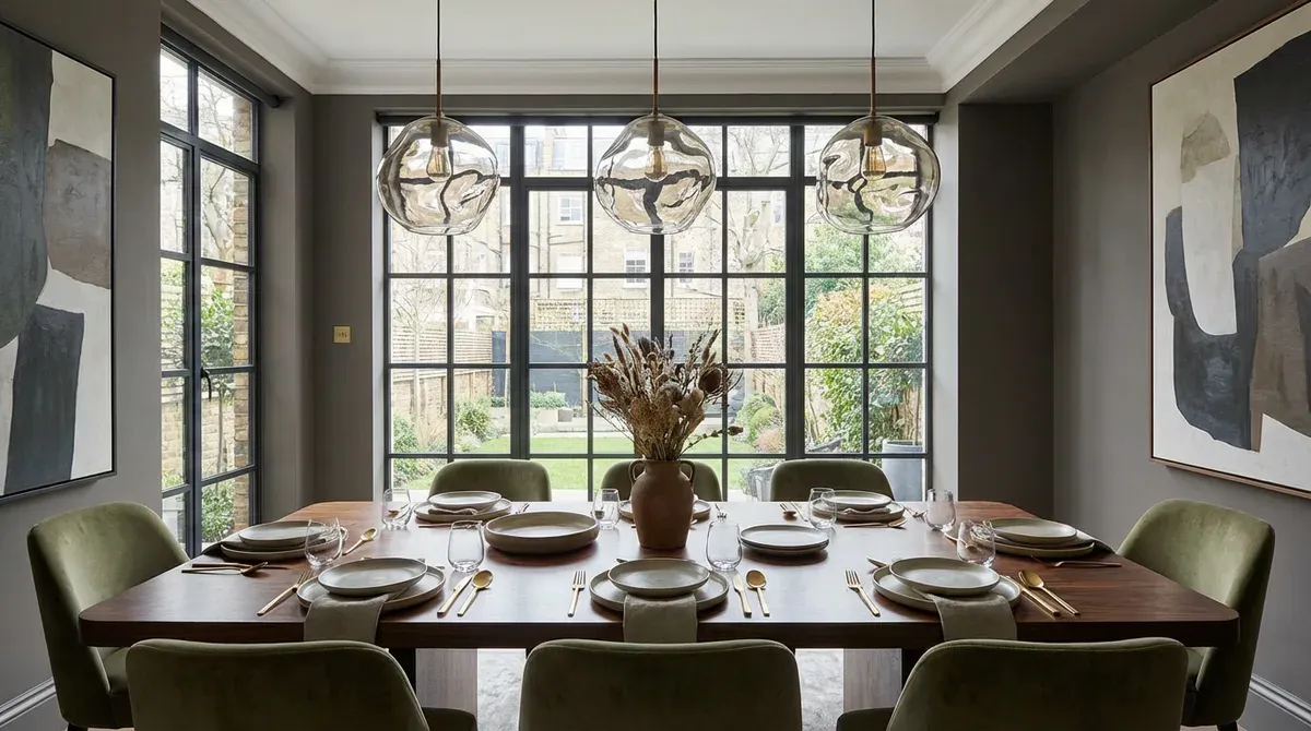 AI-redesigned dining room with modern table setting and statement chandelier