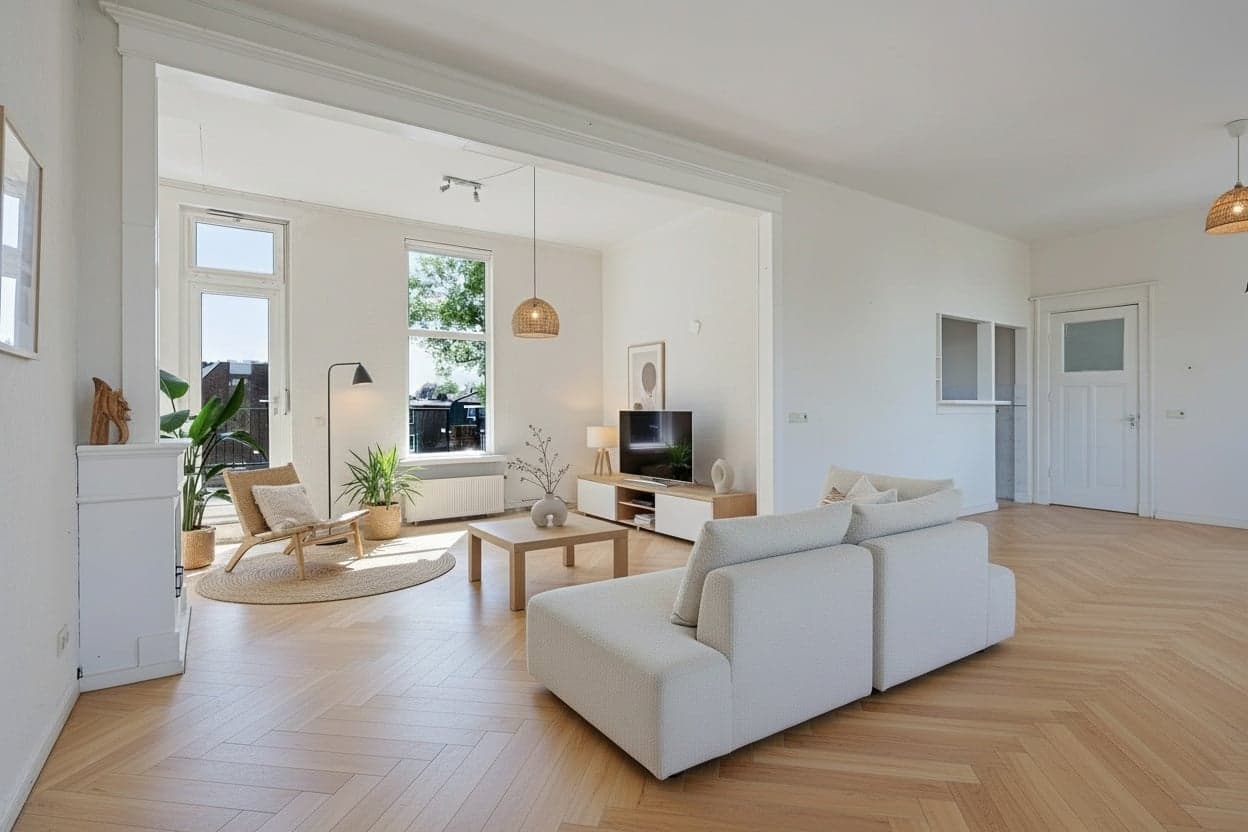 An empty living room staged in a Scandinavian style for young buyers.