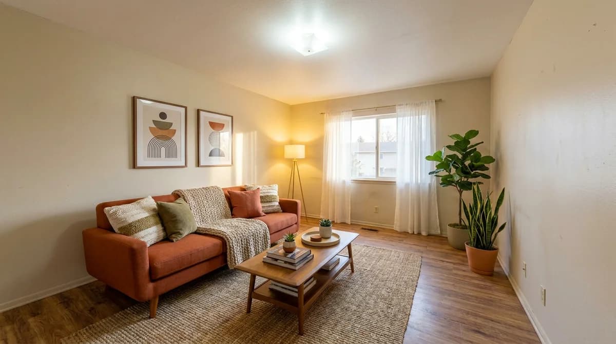 The same room styled as a warm, inviting Airbnb living room with a sofa, rug, art, and plants