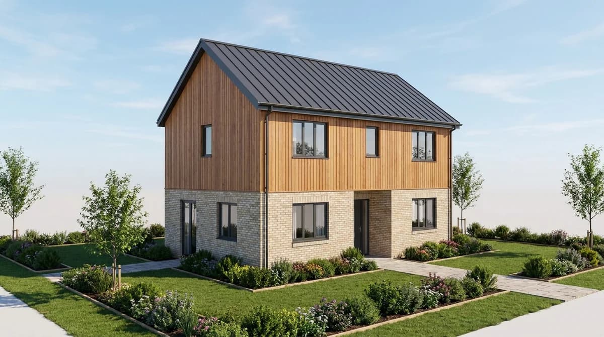 Dasselbe zweigeschossige Haus fotorealistisch gerendert mit Holzverkleidung, Klinker, Metalldach und bepflanztem Garten
