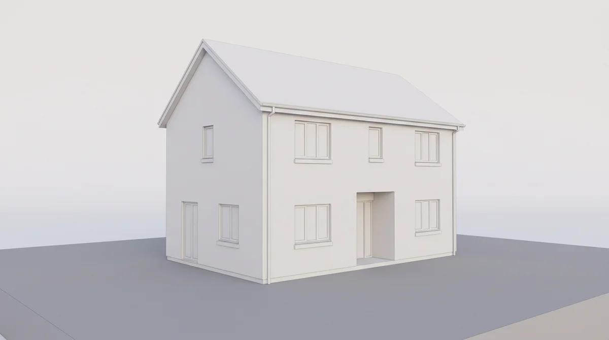 Weißes Volumenmodell eines zweigeschossigen Hauses auf flachem grauem Grund ohne Materialien