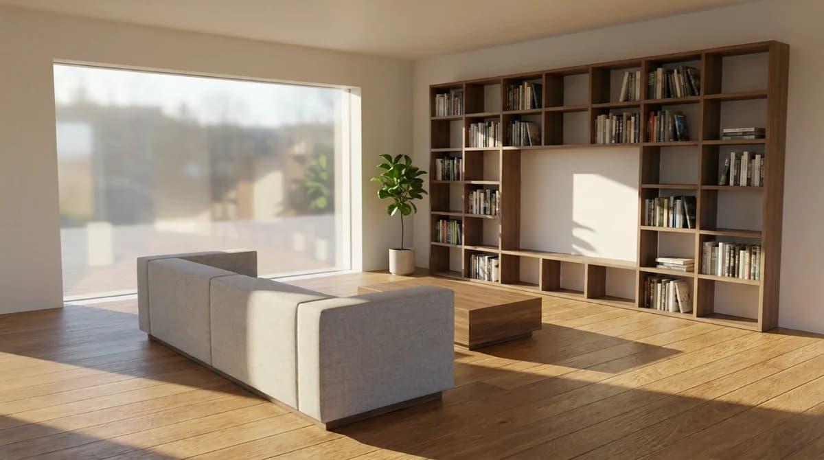The same living room as a photoreal render with wood floor, fabric sofa and window light