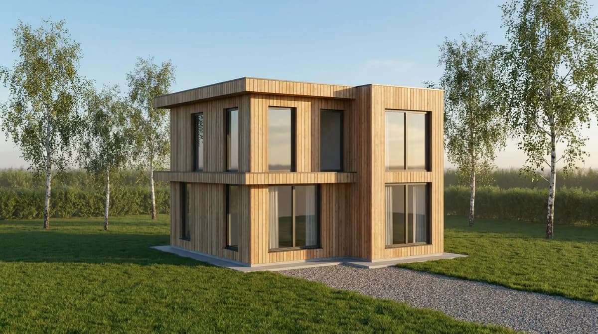 The same house rendered photoreal with vertical timber cladding, glass and a lawn