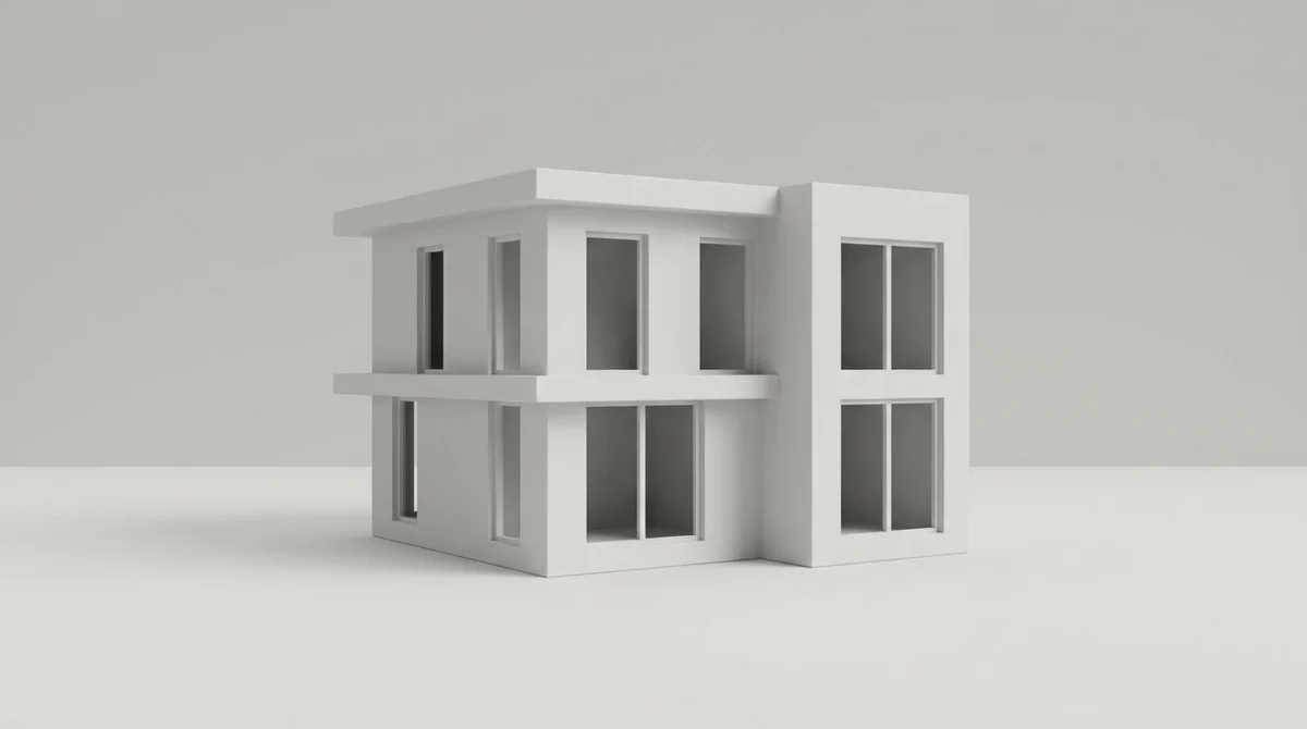 White massing model of a small two-story modern house with a flat roof on a plain white ground