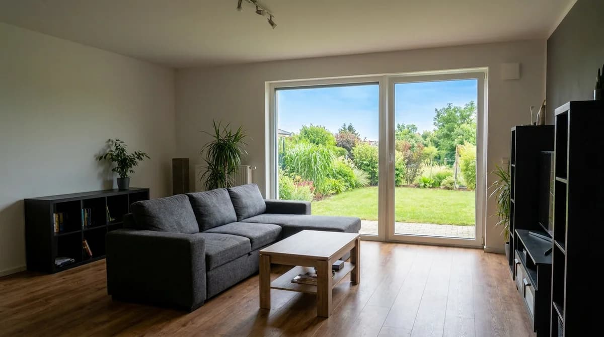 The same living room with balanced exposure showing garden detail through the windows