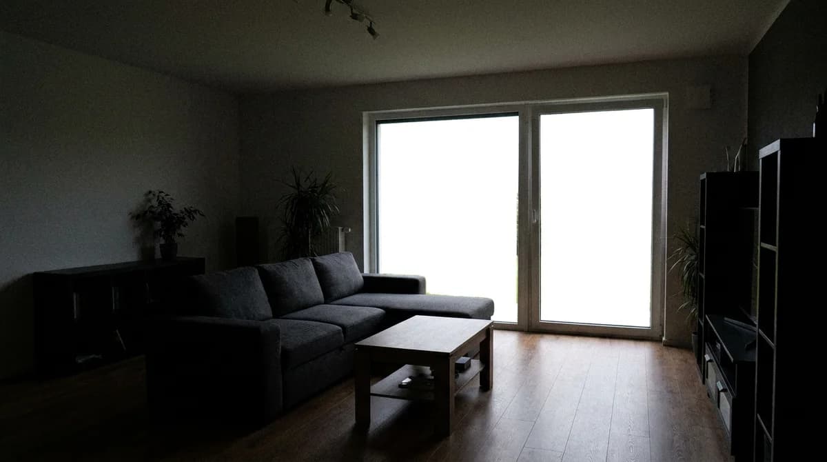 A living room photo with blown-out windows and dark shadows from a single exposure