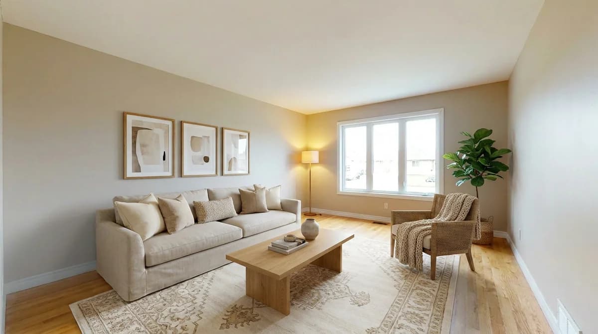 The same living room after AI virtual staging with sofa, rug, art and plants